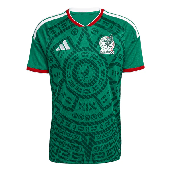 Deep green · Aztec geometry · bold shoulder striping