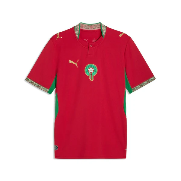 Deep red · embroidery-inspired trim · green accents