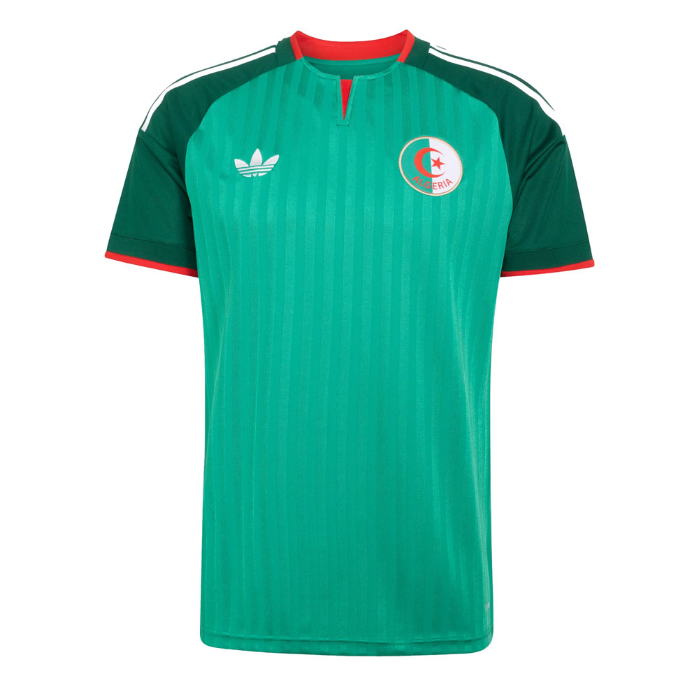 Deep green · tonal vertical stripes · red accents