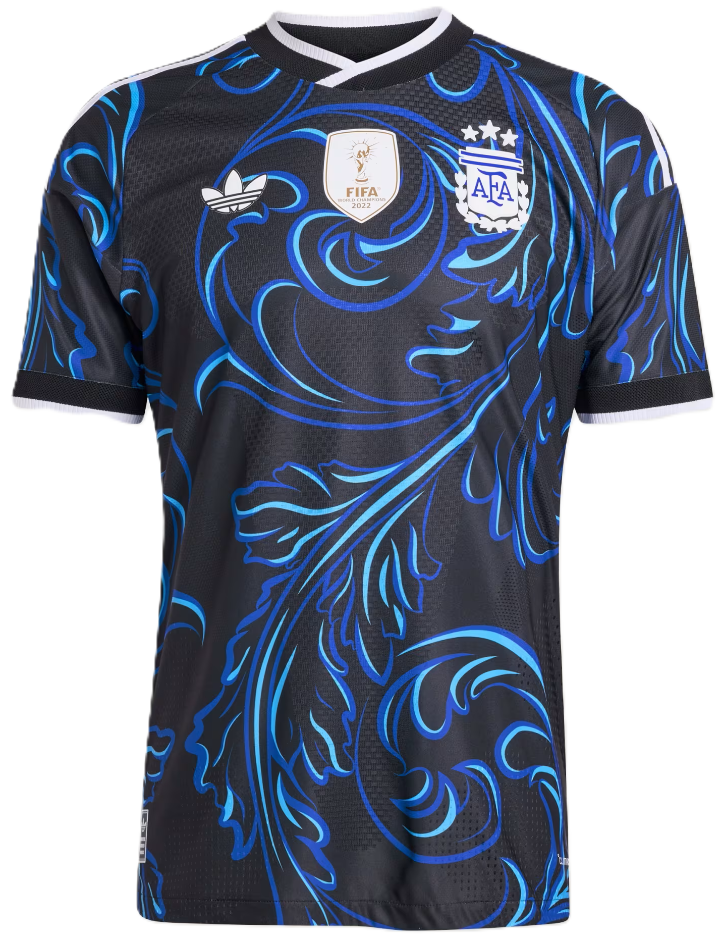 Black · sky-blue Fileteado swirls · white World Champions badge