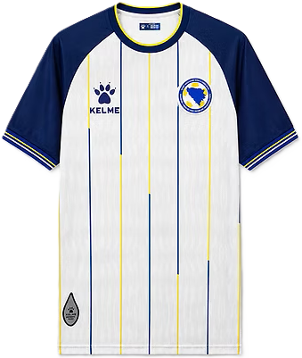 White · blue raglan sleeves · blue-and-yellow pinstripes