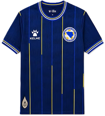 Deep navy · white-and-yellow pinstripes · round collar with trim