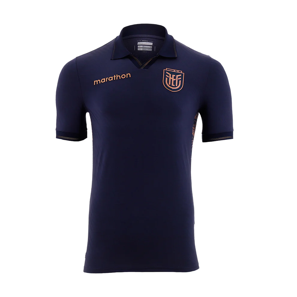 Deep navy · tonal pattern · gold polo collar