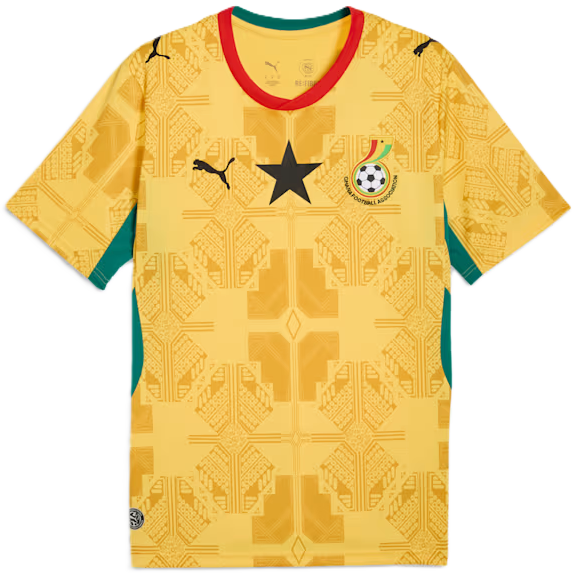Sunny Yellow · Kente-influenced patterns · green panels · red collar