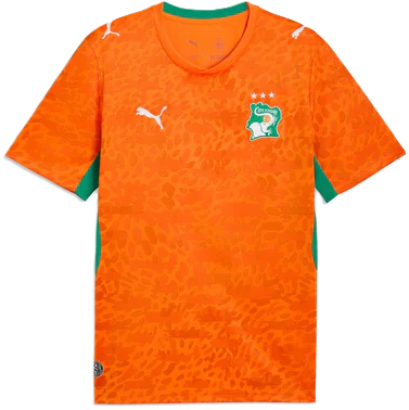 Vibrant orange · Ivorian textile pattern · green accents