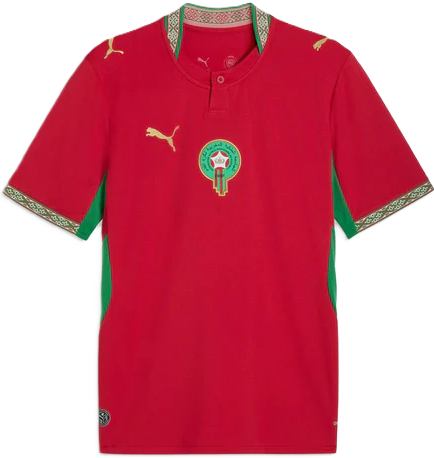 Deep red · embroidery-inspired trim · green accents