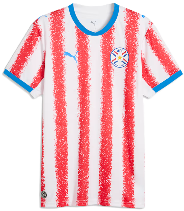 Red-and-white stripes · tierra colorada texture · royal-blue collar