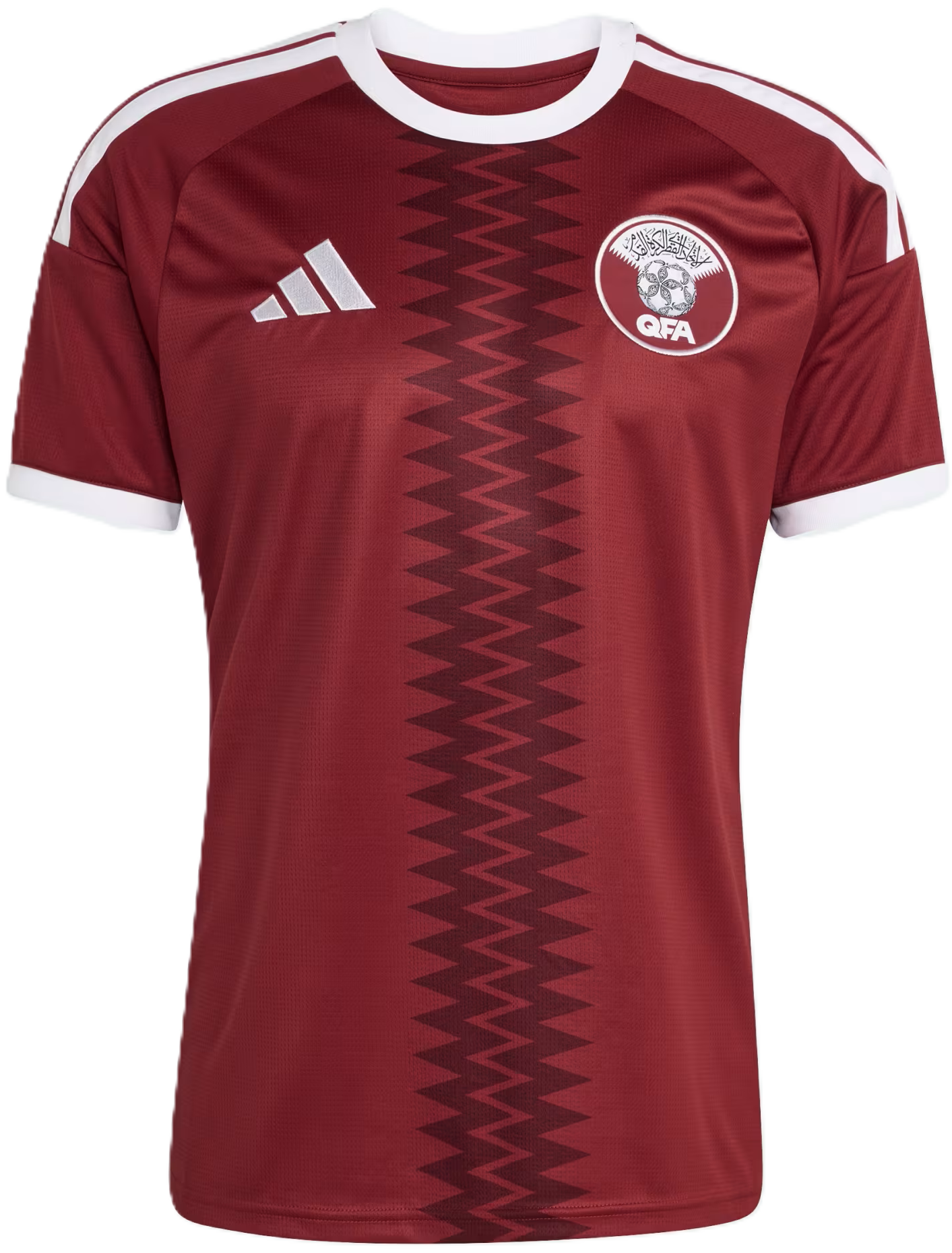 Deep maroon · Arabic ‘Qatar’ neck · national identity