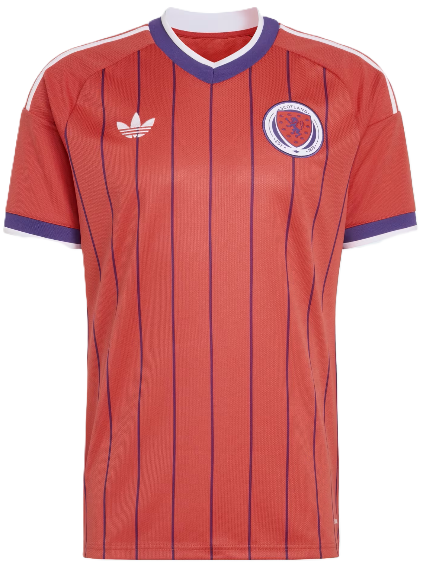 Scarlet · purple pinstripes · adidas Trefoil